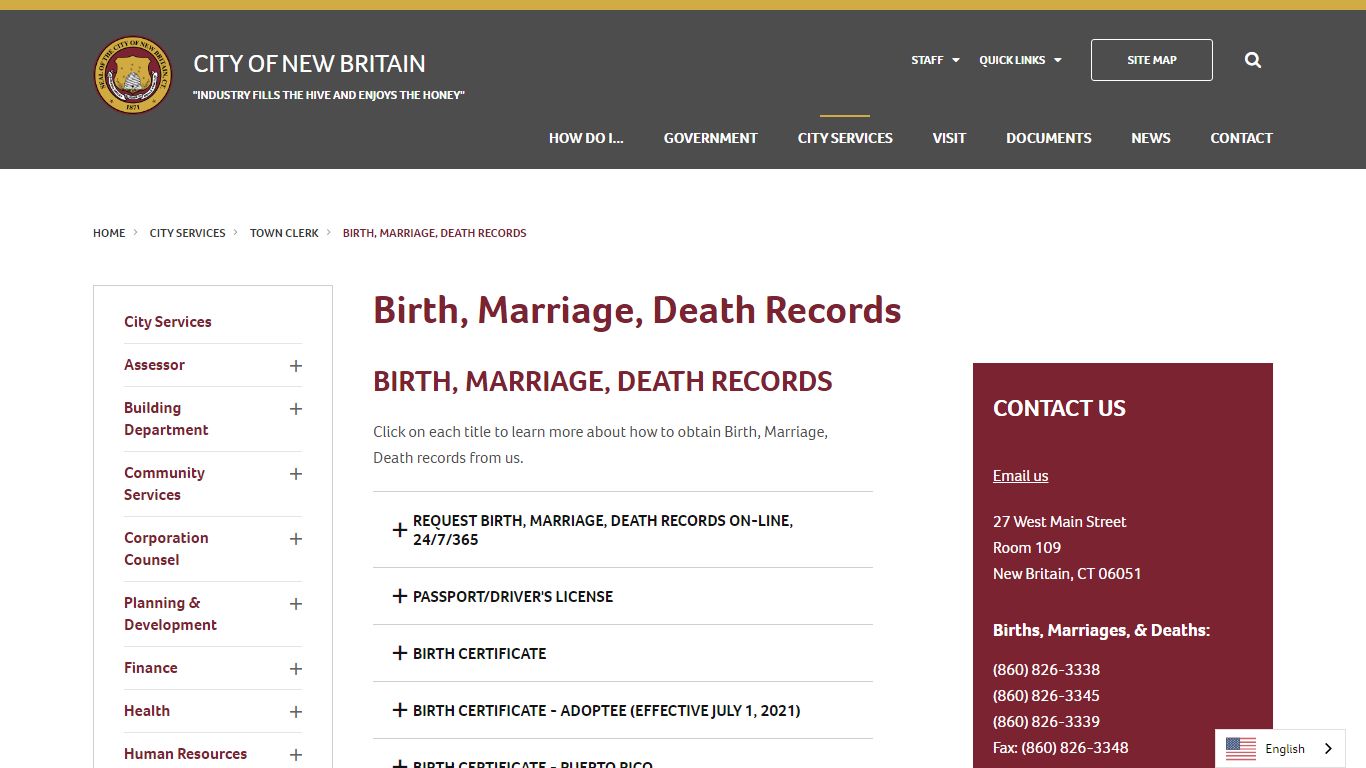 Birth, Marriage, Death Records - City of New Britain
